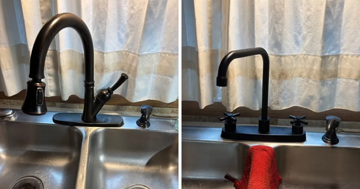 Before and after faucet replacement: original kitchen faucet on the left and updated black faucet with matching handles on the right