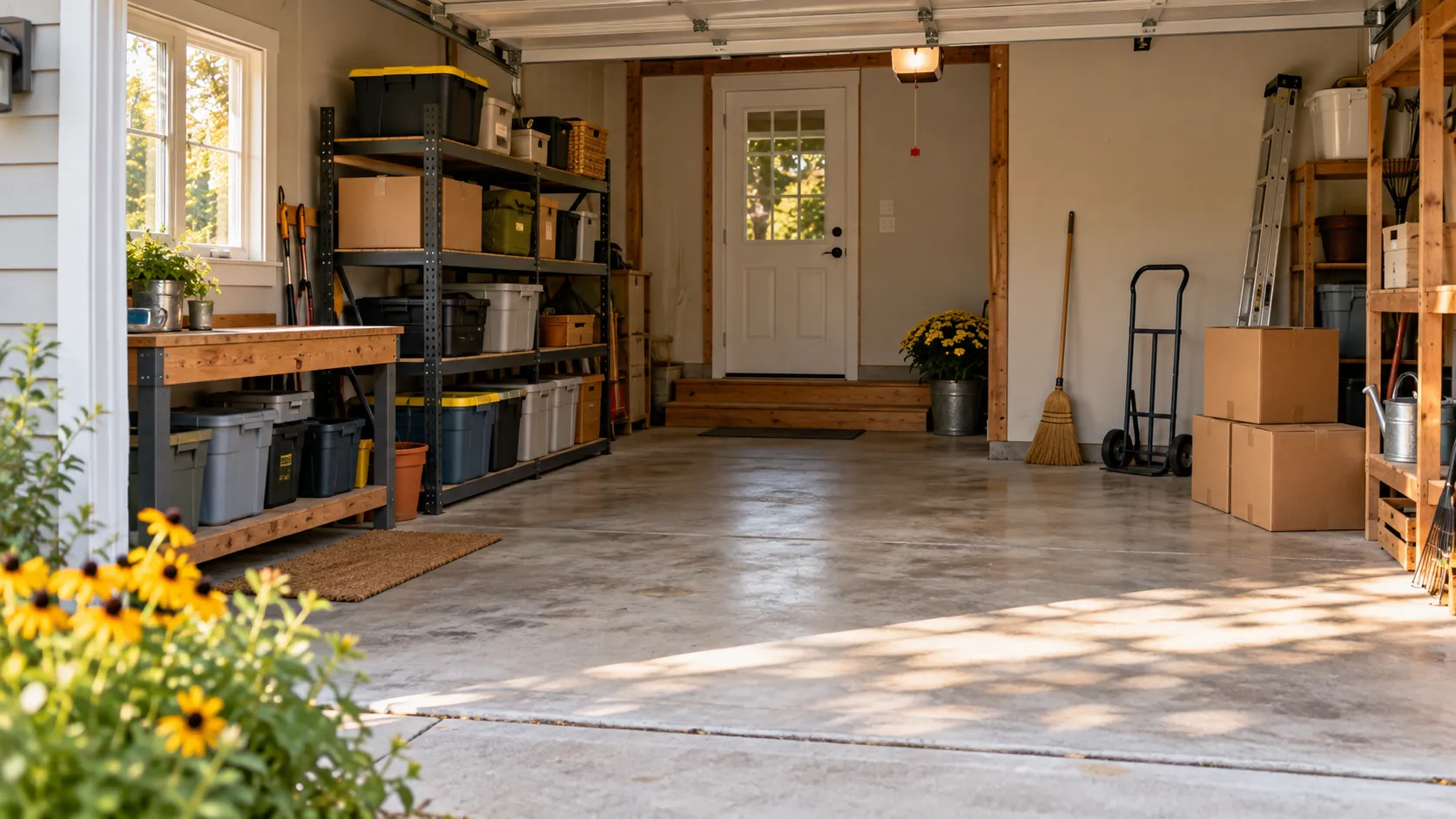 A clean, organized garage with shelves, boxes, and a clear open walkway