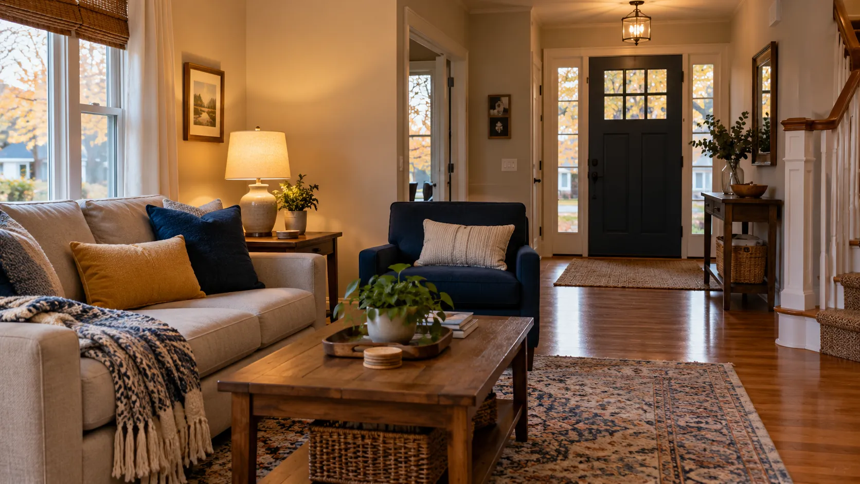 A warm, tidy living room and front entry prepared for visitors
