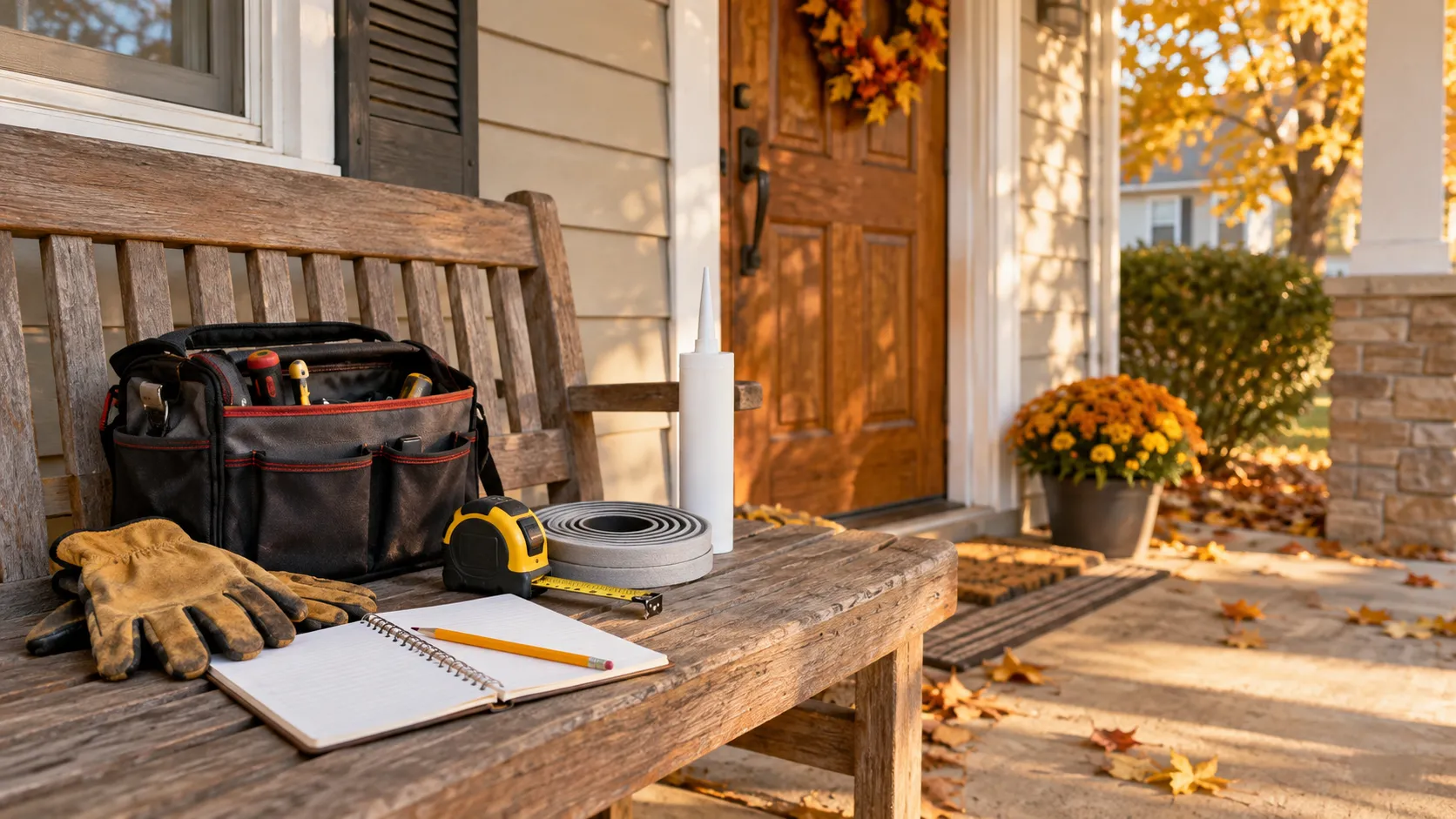 Home repair planning supplies on a porch bench in early autumn