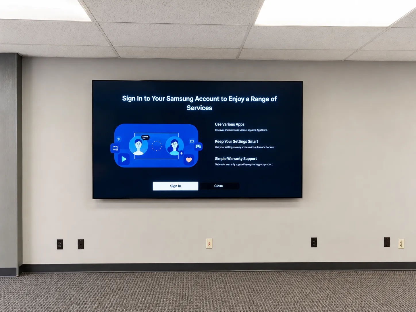 Wall-mounted television installation in a finished interior space