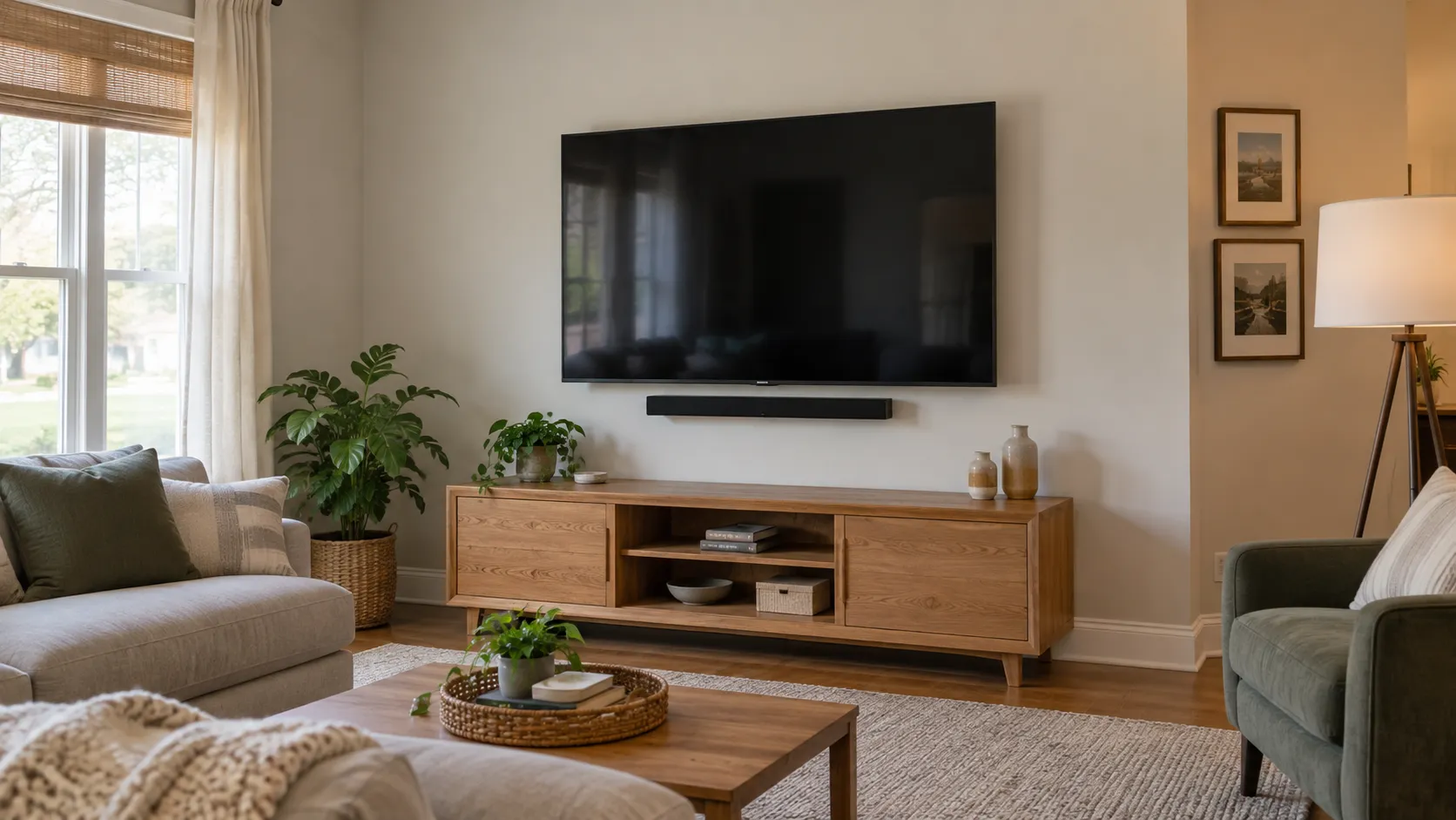 Wall-mounted television with a soundbar in a warm finished living room